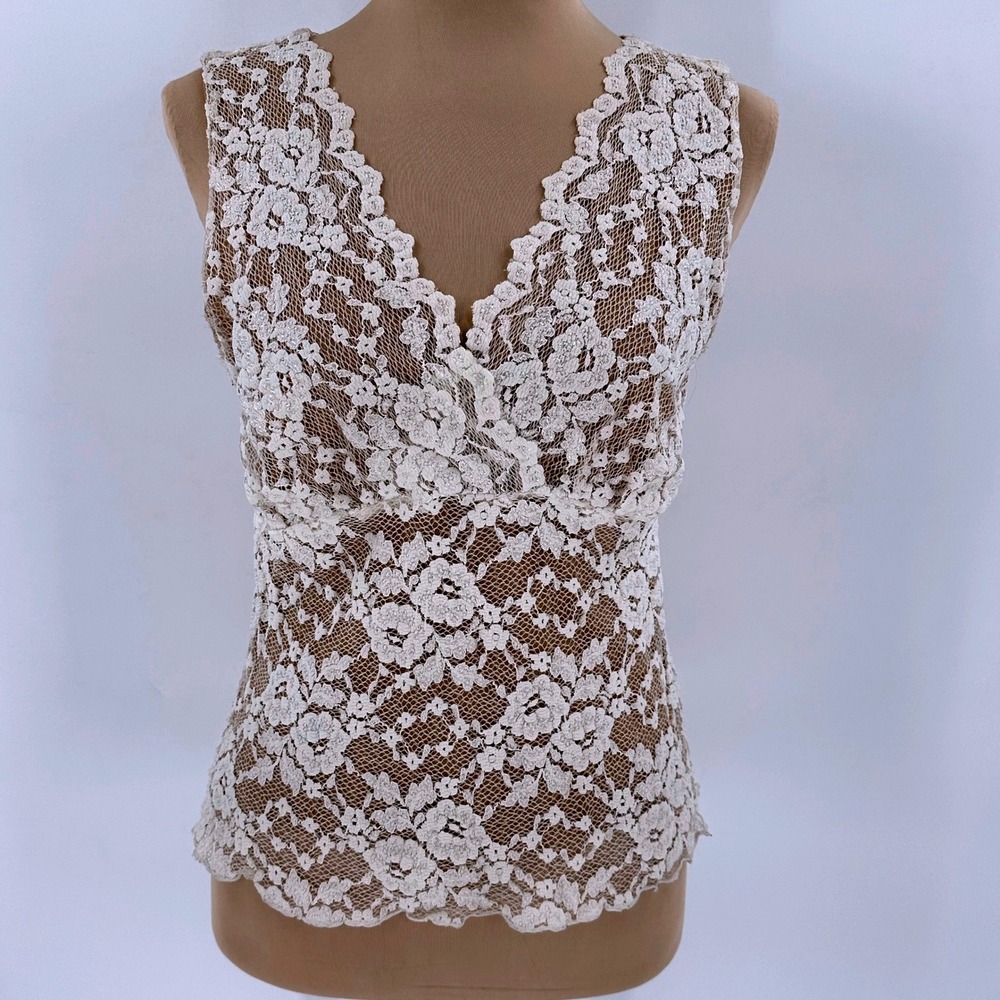Cabi White Floral Lace Sleeveless V-Neck Lined Top Tan Base Medium